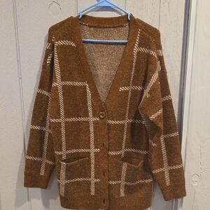Brown Plaid Cardigan Sweater
